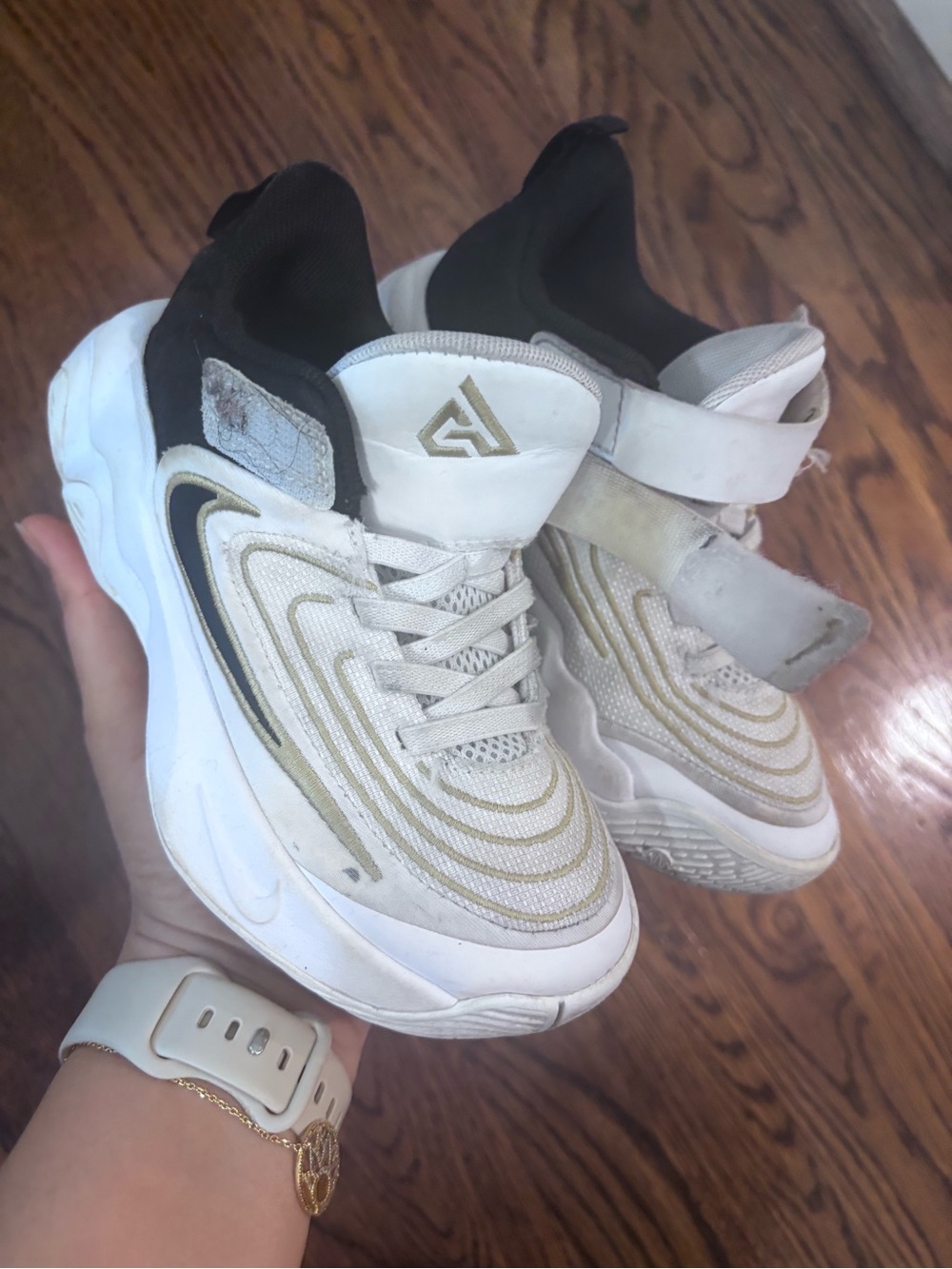 Nike Kids White and Gold Velcro Athletic Sneakers